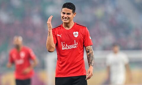 James Rodriguez of Al Rayyan reacts during the Amir Cup final football match between Al-Sadd and Al-Rayyan at the Al-Thumama Stadium in Doha, capital of Qatar, Oct. 22, 2021. (Photo by Nikku/Xinhua via Getty Images)