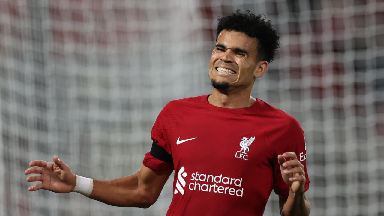 LIVERPOOL, ENGLAND - OCTOBER 04: Luis Diaz of Liverpool reacts during the UEFA Champions League group A match between Liverpool FC and Rangers FC at Anfield on October 04, 2022 in Liverpool, England. (Photo by Getty Images/Ian MacNicol)