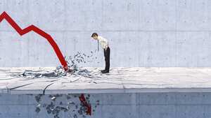 el hombre mira la flecha roja 3d rompió el piso