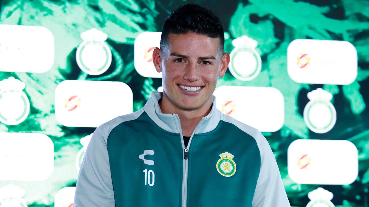 LEON, MEXICO - JANUARY 14: James Rodriguez poses during a press conference during a presentation as a new player of Club Leon at La Esmeralda clubhouse on January 14, 2025 in Leon, Mexico. (Photo by Leopoldo Smith/Getty Images)
