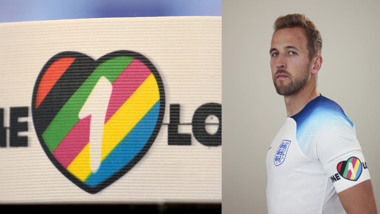 Harry Kane, brazalete contra la discriminación. Foto: Getty Images/Sebastian Gollnow/picture alliance//Getty Images/Eddie Keogh - The FA/The FA