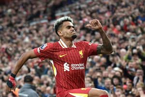 Luis Díaz, jugador del Liverpool, celebrando su gol contra Brentford en la Premier League