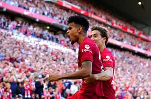 Liverpool's Luis Diaz celebrates scoring their side's ninth goal of the game during the English Premier League match between Liverpool and Bournemouth at Anfield stadium in Liverpool, England, Saturday Aug. 27, 2022. (Peter Byrne/PA via AP)