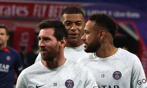 LYON, FRANCE - SEPTEMBER 18: Lionel Messi #30 of Paris Saint-Germain react with Kylian Mbappe #7 (C) and Neymar Jr #10 during the Ligue 1 match between Olympique Lyonnais and Paris Saint-Germain at Groupama Stadium on September 18, 2022 in Lyon, France. (Photo by Xavier Laine/Getty Images)