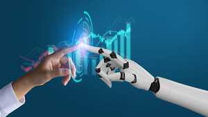 IA, aprendizaje automático, mano robótica ai asistencia de inteligencia artificial toque humano en el fondo de conexión de red de datos grandes, tecnología de inteligencia artificial científica, innovación y futurista.