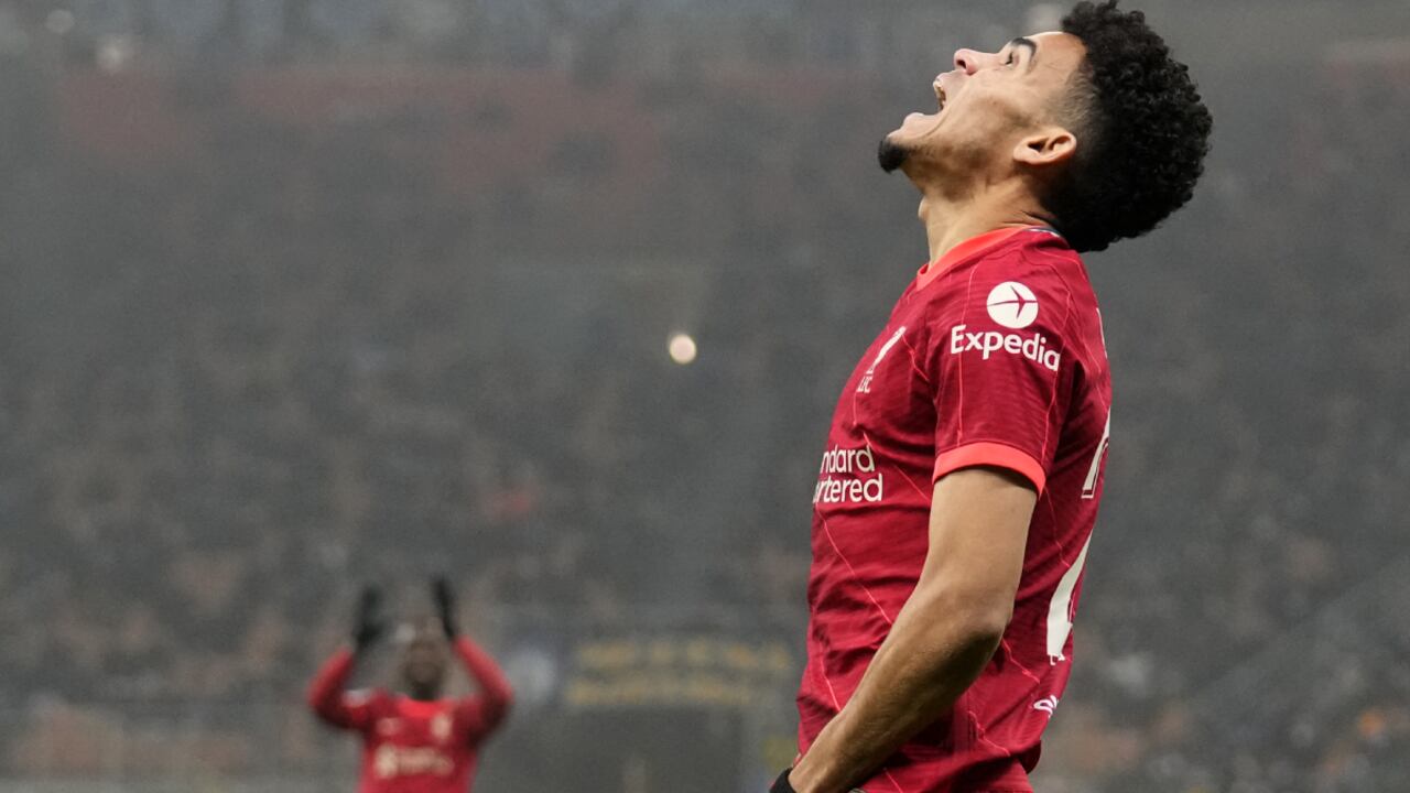 Liverpool's Luis Diaz reacts after a missed scoring opportunity during the Champions League, round of 16, first leg soccer match between Inter Milan and Liverpool at the San Siro stadium in Milan, Italy, Wednesday, Feb. 16, 2022. (AP/Antonio Calanni)