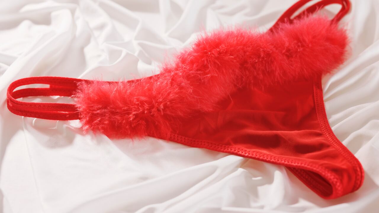Red ladies underwear with feather detail. Valentines day theme, against white background.