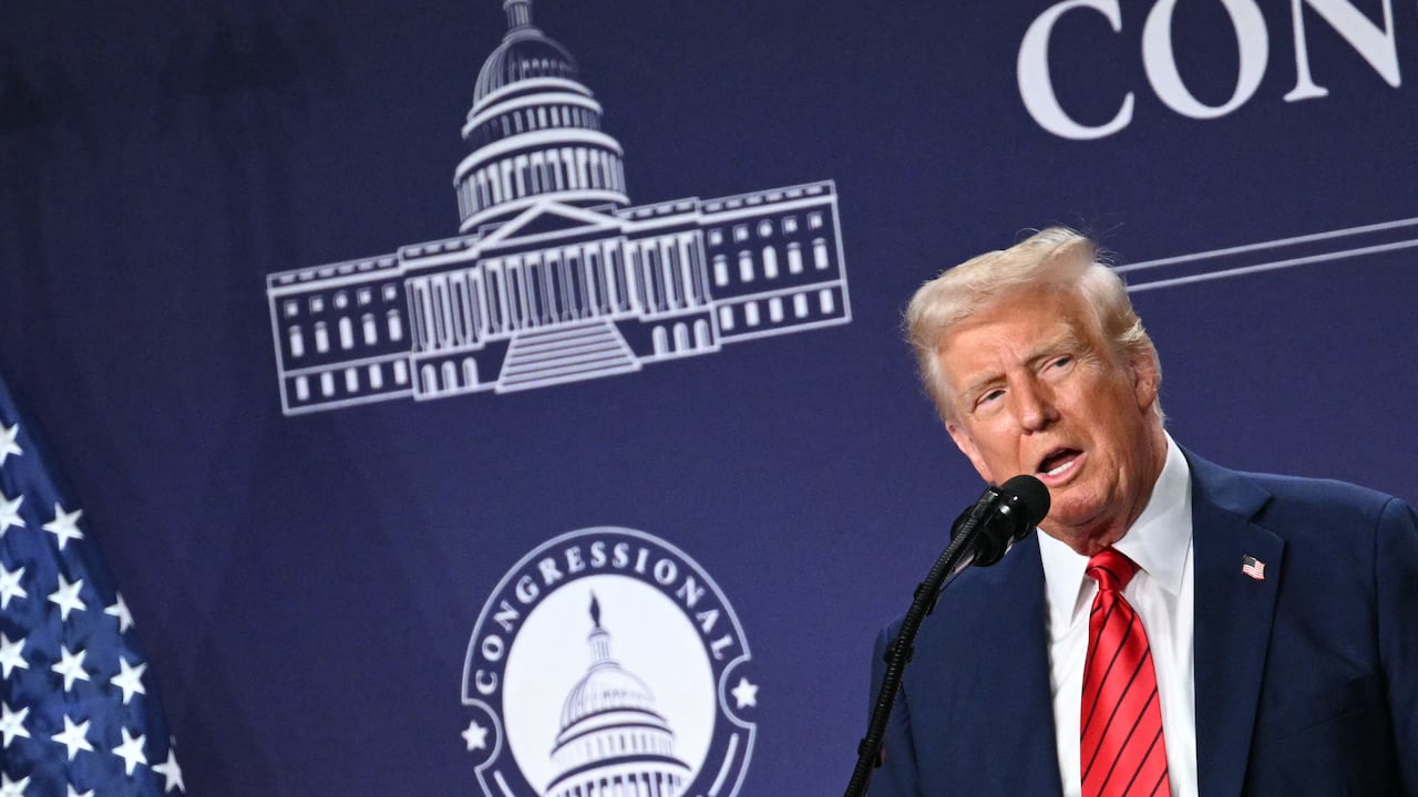 US President Donald Trump speaks at the House Republican Members Conference Dinner at Trump National Doral Miami, in Miami, Florida on January 27, 2025.