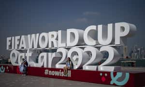 Argentinian fans gather at the Doha Corniche in Doha, Qatar, Monday, Nov. 21, 2022. (AP Photo/Manu Fernandez)