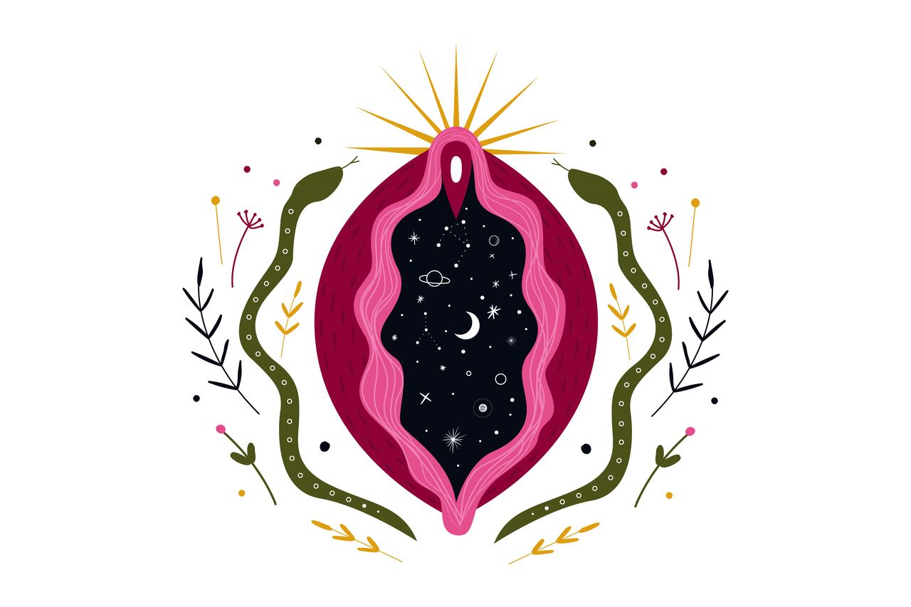 abstract image of a vagina. outer space, planets, moon and stars. snake tempter and plant herbs. printing on fabric and paper. vector