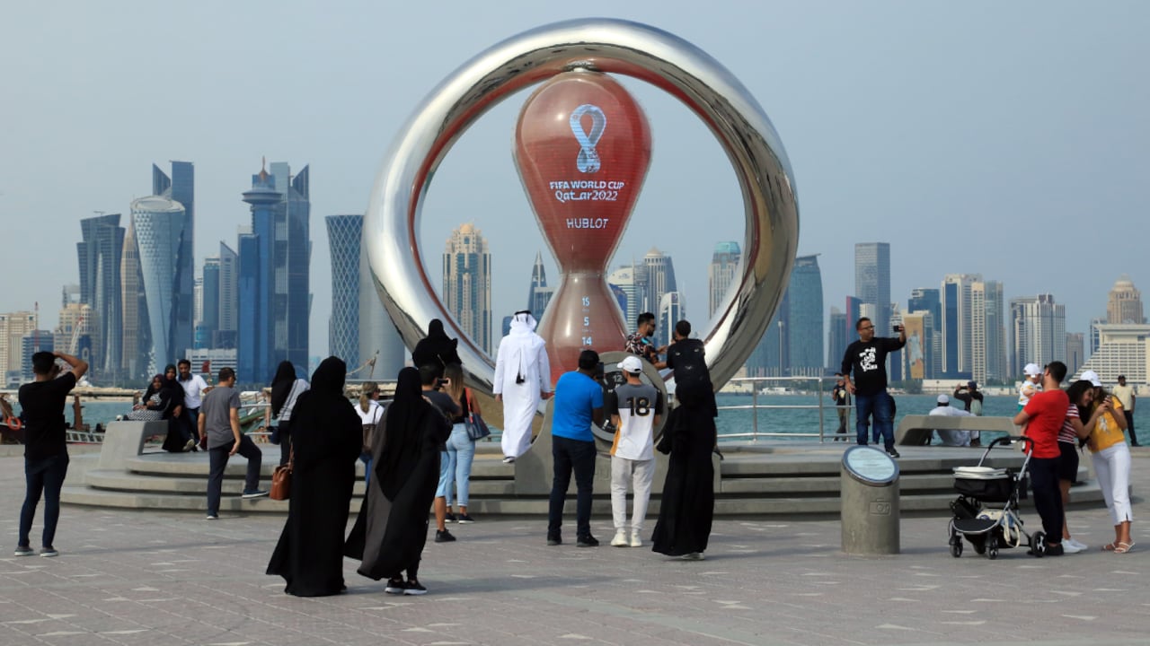 DOHA, QATAR - NOVEMBER 5: Doha Corniche and Souq Waqif show a World Cup figures exhibition and other tourist attractions to visitors during Fifa Word Cup Qatar 2022. On November 5, 2022 in Doha, Qatar. (Photo credit should read Sidhik Keerantakath / Eyepix Group/Future Publishing/Getty Images)