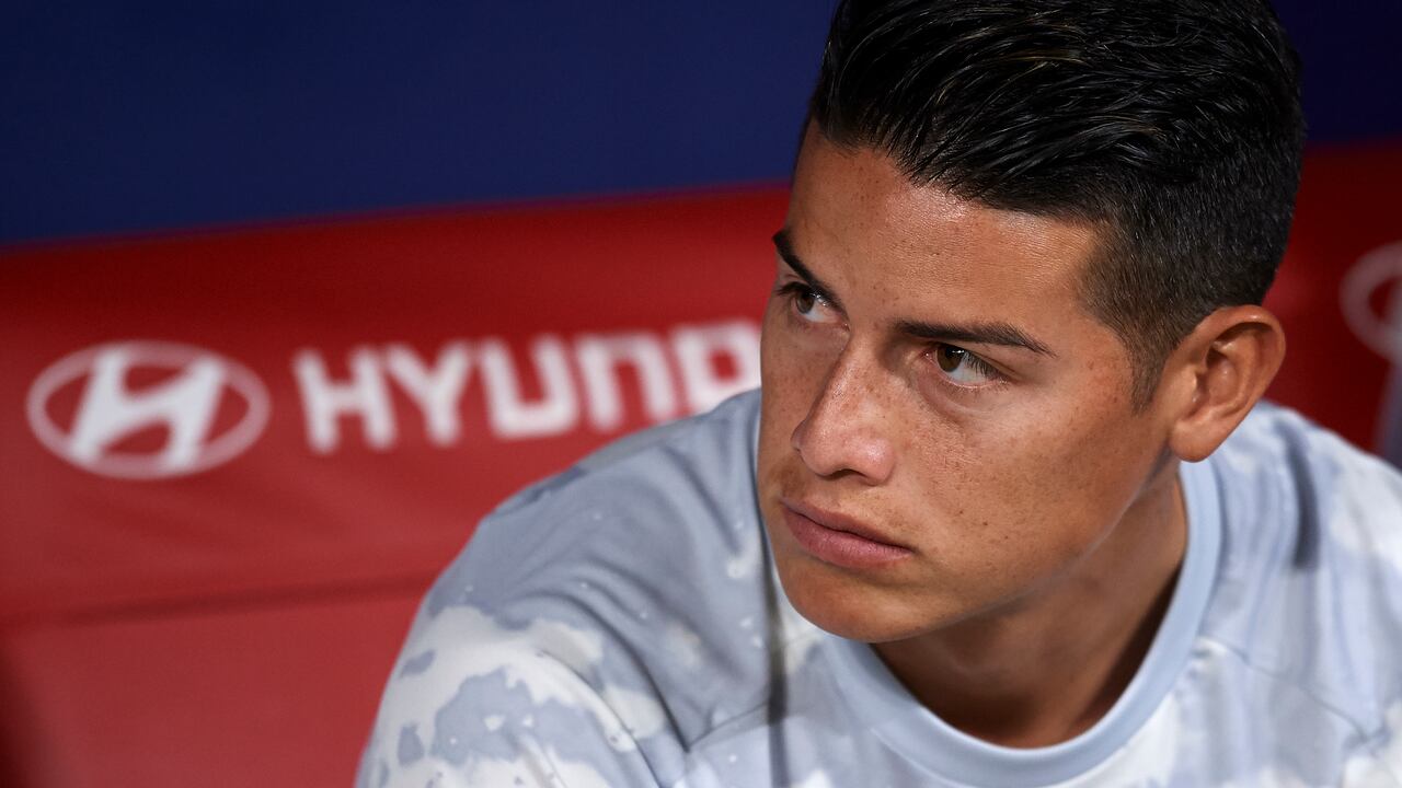 James Rodriguez of Real Madrid sitting on the bench during the Liga match between Club Atletico de Madrid and Real Madrid CF at Wanda Metropolitano on September 29, 2019 in Madrid, Spain. (Photo by Jose Breton/Pics Action/NurPhoto via Getty Images)