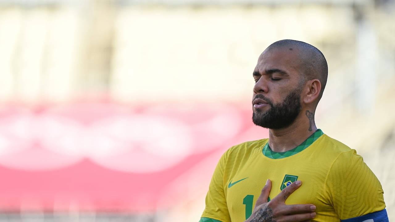 Dani Alves of Brazil sings the national anthem of Brazil prior to the Tokyo 2020 men's football semifinal match between Brazil and Mexico at the Ibaraki Kashima Stadium in Ibaraki, Japan, Aug. 3, 2021. (Photo by Lu Yang/Xinhua via Getty Images)