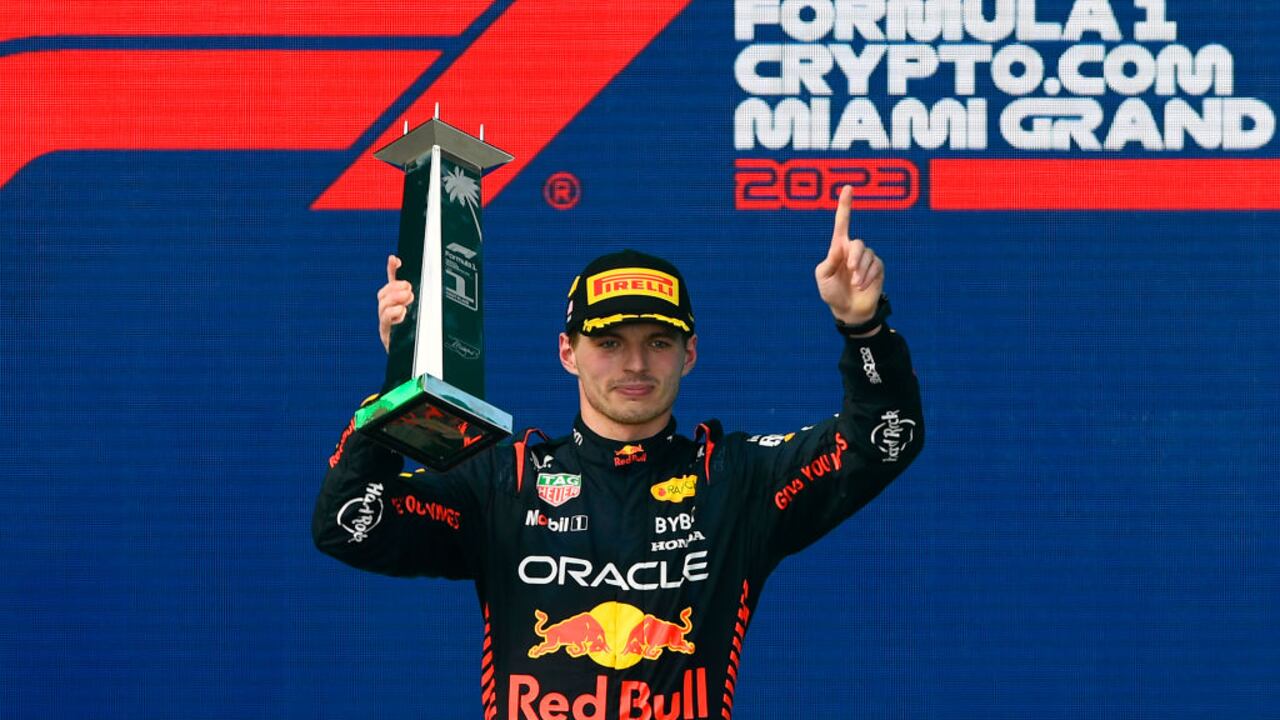 MIAMI, FLORIDA - MAY 07: Race winner Max Verstappen of the Netherlands and Oracle Red Bull Racing celebrates on the podium during the F1 Grand Prix of Miami at Miami International Autodrome on May 07, 2023 in Miami, Florida. (Photo by Rudy Carezzevoli/Getty Images)