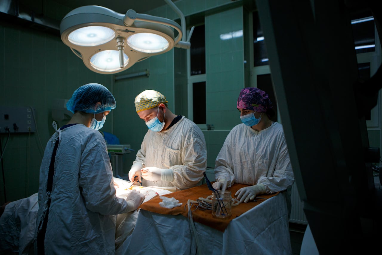 UZHHOROD, UKRAINE - FEBRUARY 4, 2022 - Medics are seen at work in an operating theatre at the Zakarpattia Regional Neurosurgery and Neurology Centre in Uzhhorod, Zakarpattia Region, western Ukraine. (Photo credit should read Serhii Hudak/ Ukrinform/Future Publishing via Getty Images)