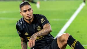 LOS ANGELES, CA - OCTOBER 26: Cristian Arango #29 of Los Angeles FC reacts during the game against Seattle Sounders at Banc of California Stadium in Los Angeles, California on October 26, 2021. Los Angeles FC won the game 3-03-0 (Photo by Shaun Clark/Getty Images)