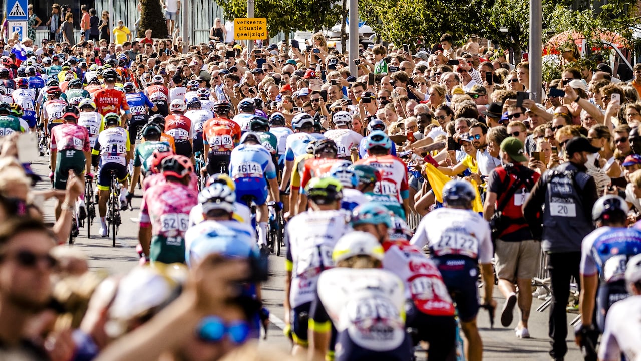 The pack of riders compete during the third stage of the Vuelta a Espa�a in Breda on August 21, 2022. (Photo by Sem van der Wal / ANP / AFP) / Netherlands OUT - Belgium OUT