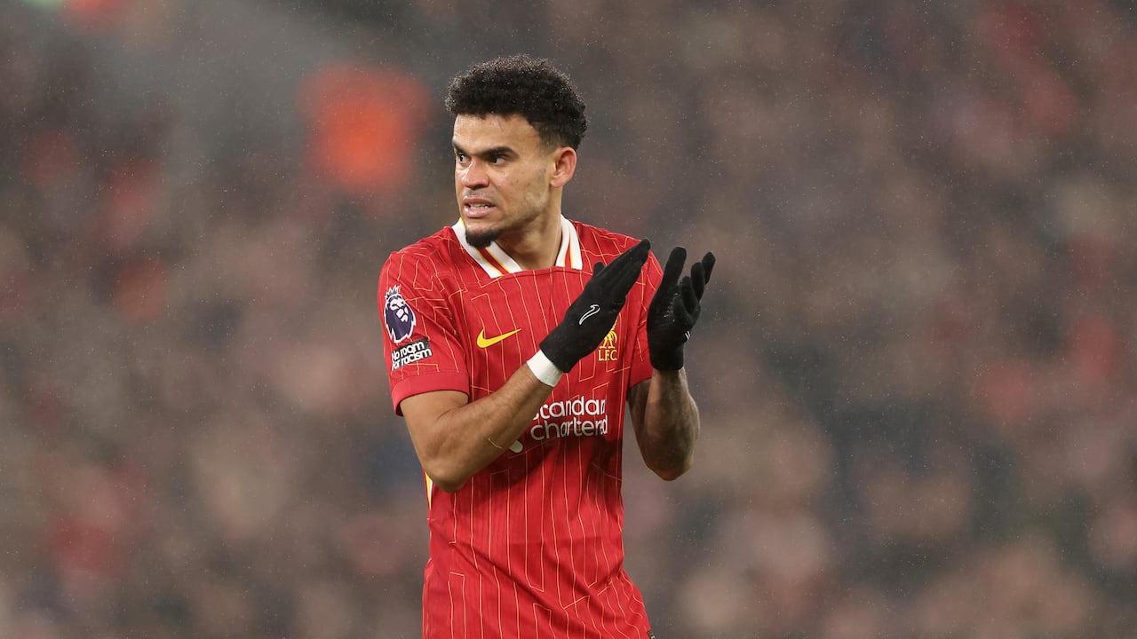 LIVERPOOL, ENGLAND - JANUARY 05: Luis Diaz of Liverpool during the Premier League match between Liverpool FC and Manchester United FC at Anfield on January 05, 2025 in Liverpool, England. (Photo by Carl Recine/Getty Images)