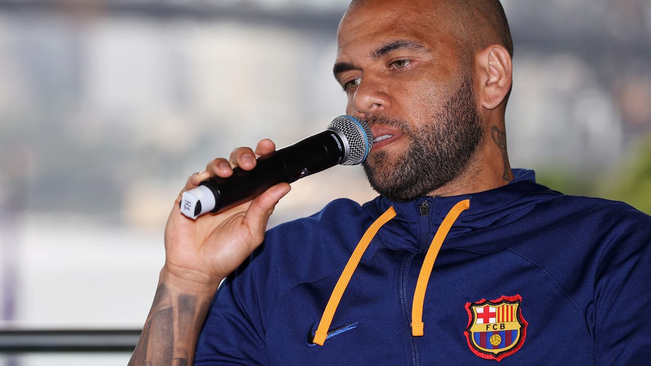 SYDNEY, AUSTRALIA - MAY 24: Dani Alves of FC Barcelona speaks to the press during a media opportunity at Pullman Grand Quay Sydney on May 24, 2022 in Sydney, Australia. (Photo by Mark Kolbe/Getty Images)