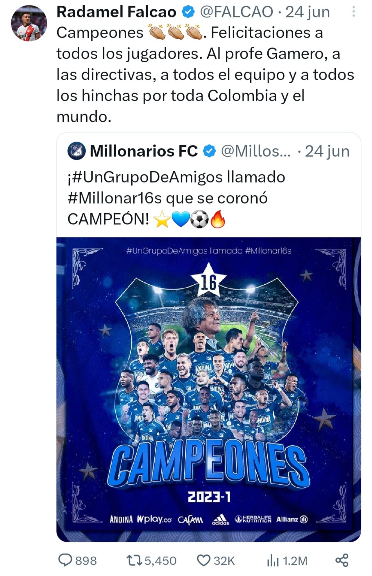 Falcao felicita a Millonarios por la obtención de su 16ava estrella