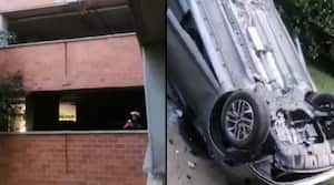 Vehículo que cayó de un tercer piso en Medellín.