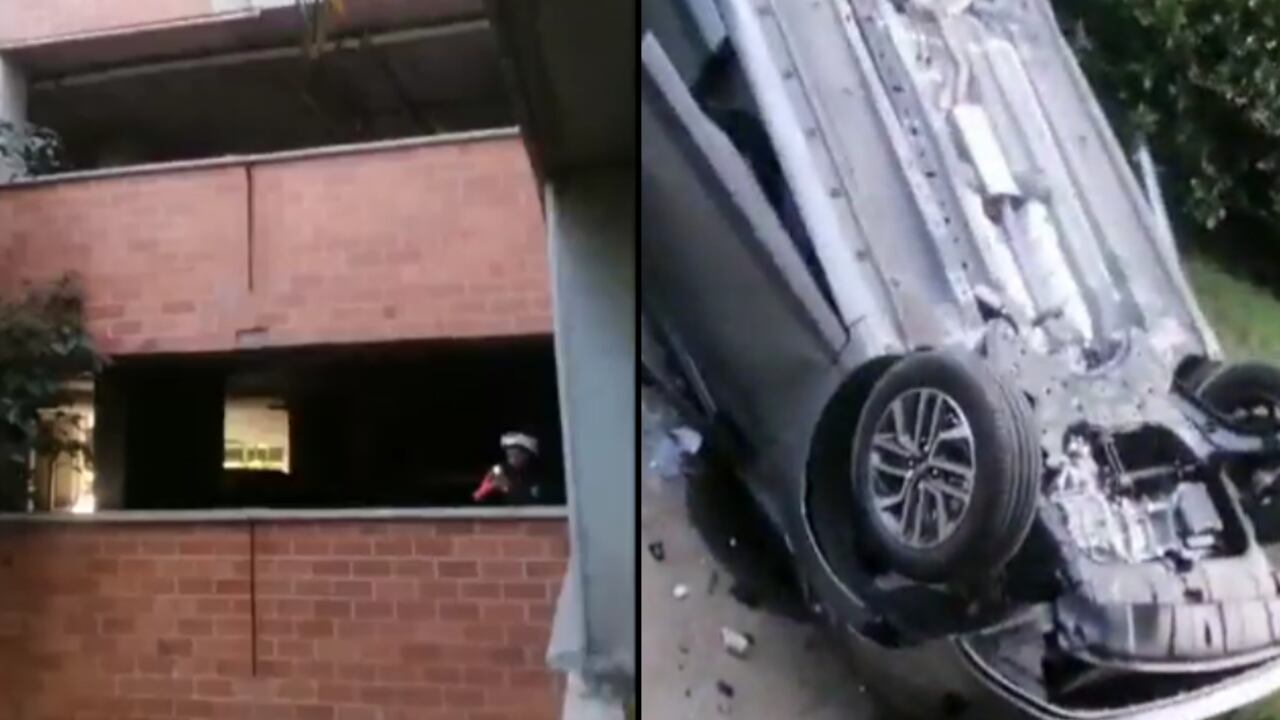 Vehículo que cayó de un tercer piso en Medellín.