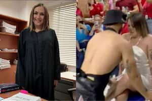 La jueza Polanía protagonizó un escandaloso hecho, luego de que apareciera en un video con un vestido blanco con escote en la espalda, acompañada de un bailarín erótico, al parecer, en las instalaciones del Palacio de Justicia de Norte de Santander. (Foto: Captura de video de la red social X).