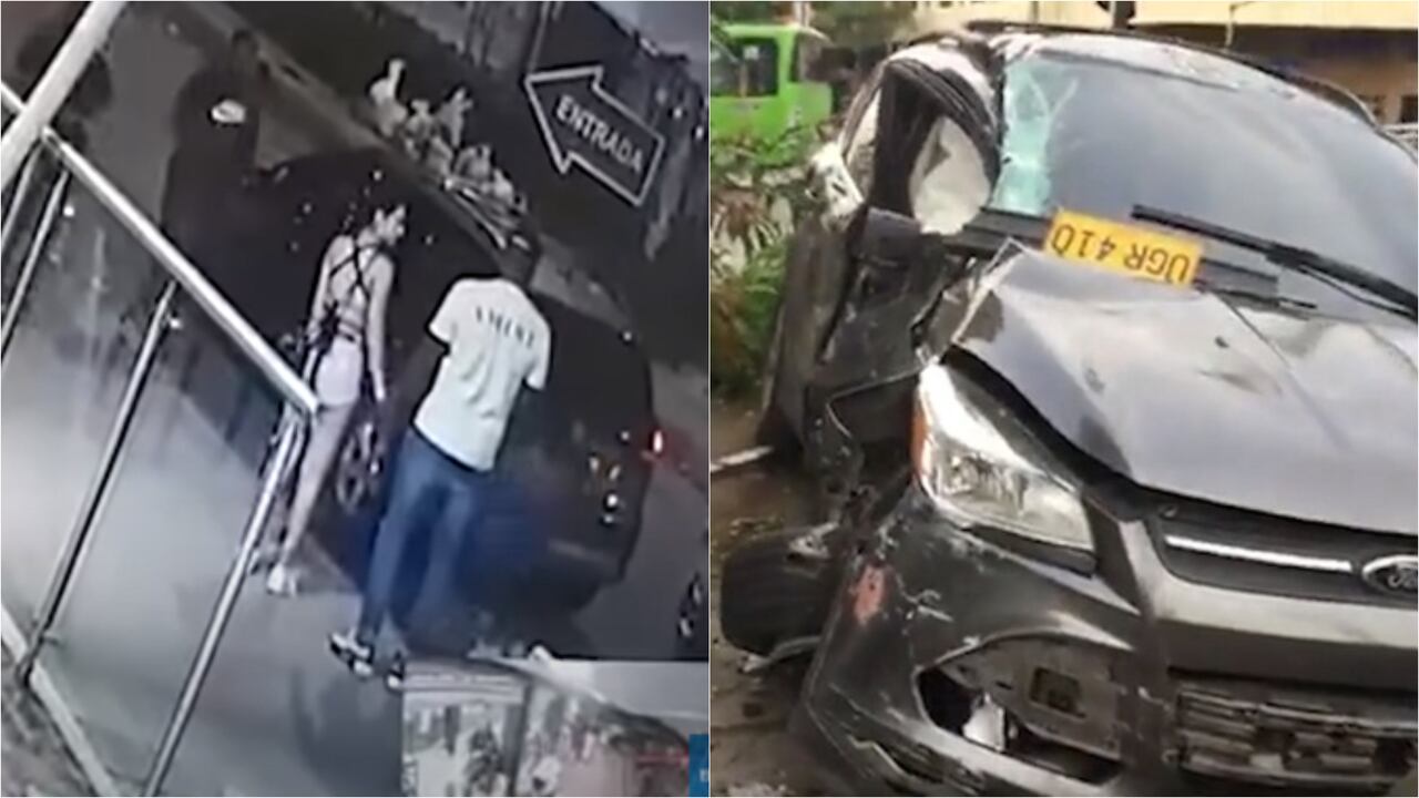 Freddy Rincón saliendo de un lugar donde estaban comiendo y la camioneta estrellada