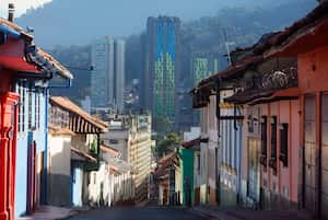 A view of modern office buildings from the hip area called La Candalaria, Bogota's colonial barrio, where many backpackers and younger tourists now flock.