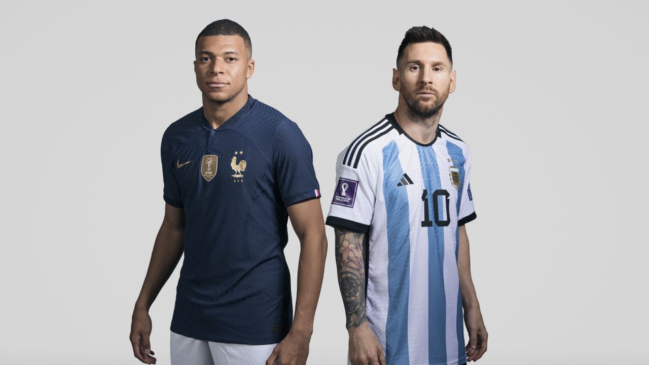 (EDITORS NOTE: THIS IMAGE HAS BEEN RETOUCHED) In this composite image, a comparison has been made between (L-R) Kylian Mbappe of France and Lionel Messi of Argentina, who are posing during the official FIFA World Cup 2022 portrait sessions. Argentina and France meet in the final of the FIFA World Cup Qatar 2022. (Photo by Getty Images/FIFA/FIFA)